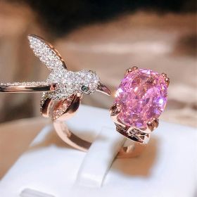 Lovely Pink Zircon And Hummingbird Open Ring Elegant Jewelry 925 Silver Plated Women's Accessories